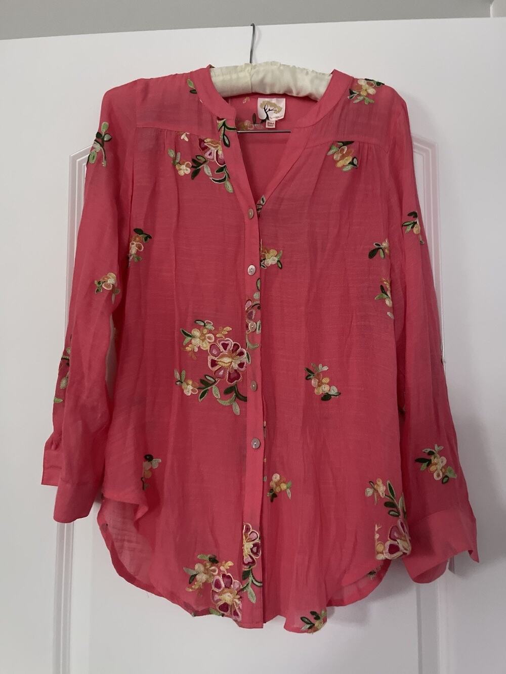 Boho Fig & Flower Shirt Top Women's M P Pink Floral Tunic Embroidered Button Up